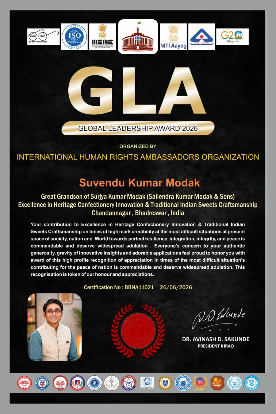 Global Leadership Award 2026 certificate for Suvendu Kumar Modak