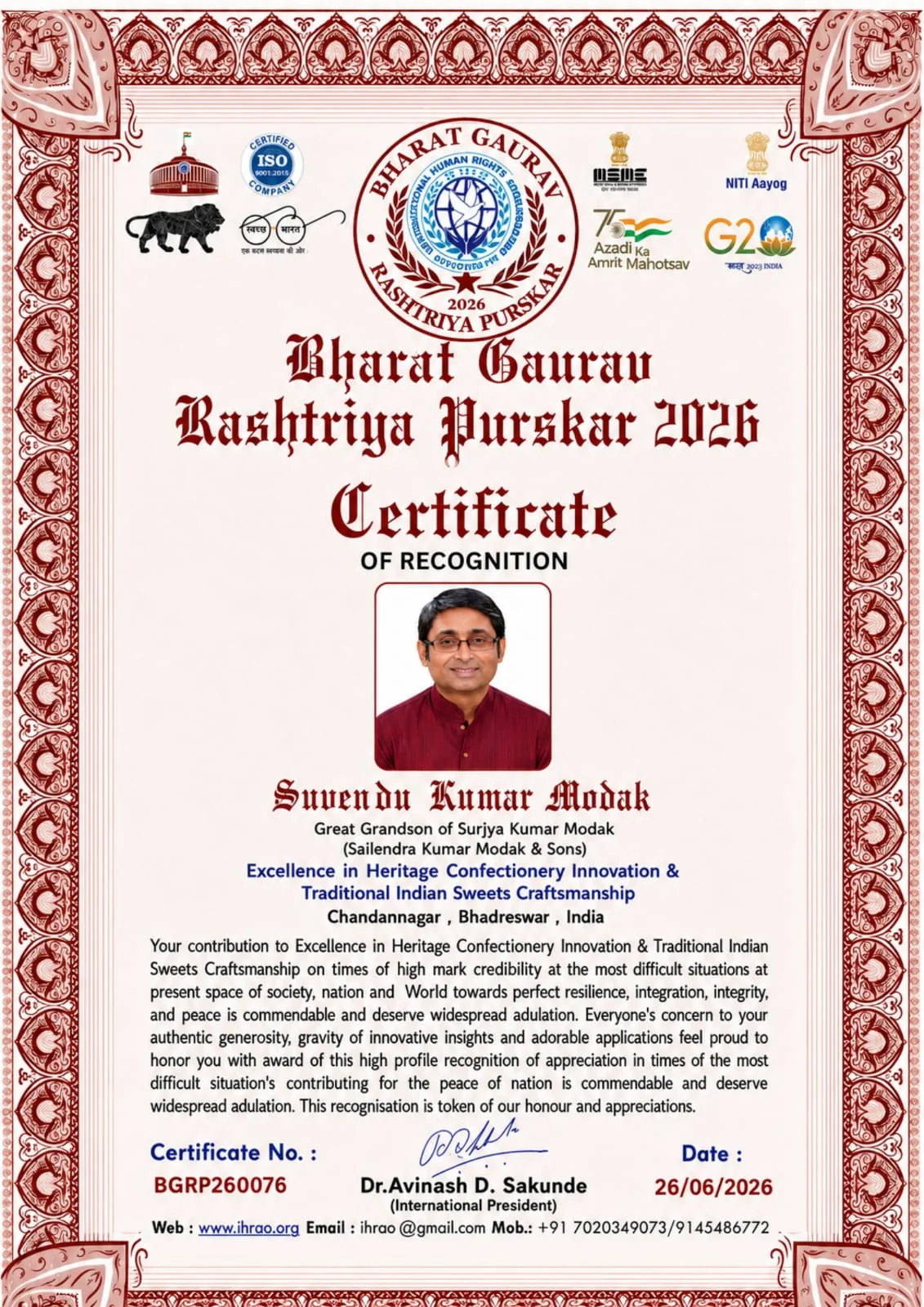 Bharat Gaurav Rashtriya Puraskar 2026 certificate for Suvendu Kumar Modak
