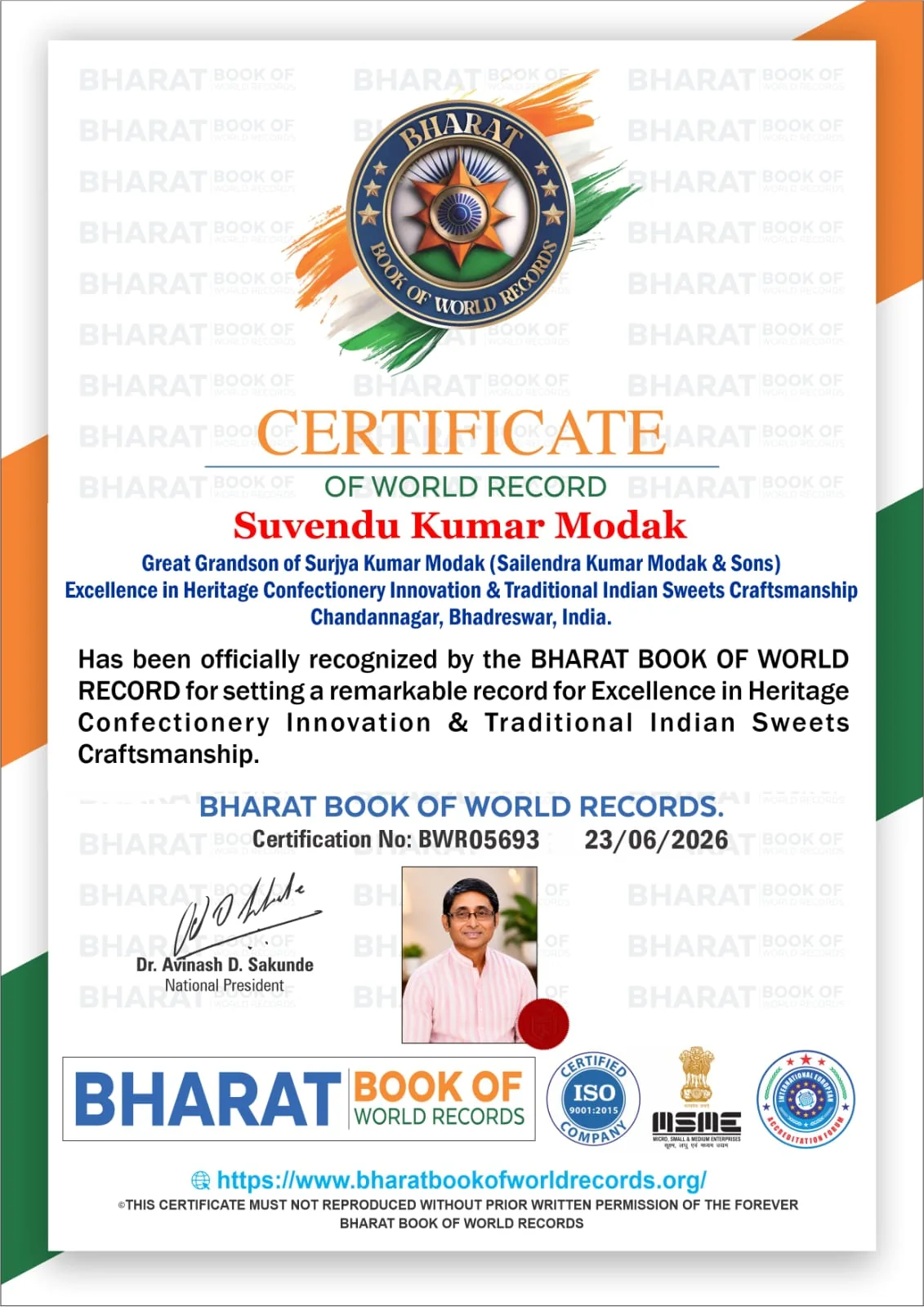Bharat Book of World Records certificate for Suvendu Kumar Modak