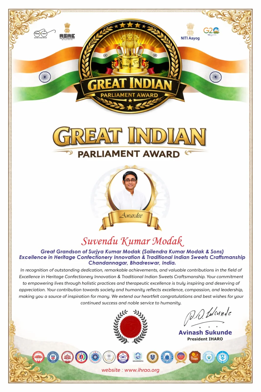 Great Indian Parliament Award certificate for Suvendu Kumar Modak